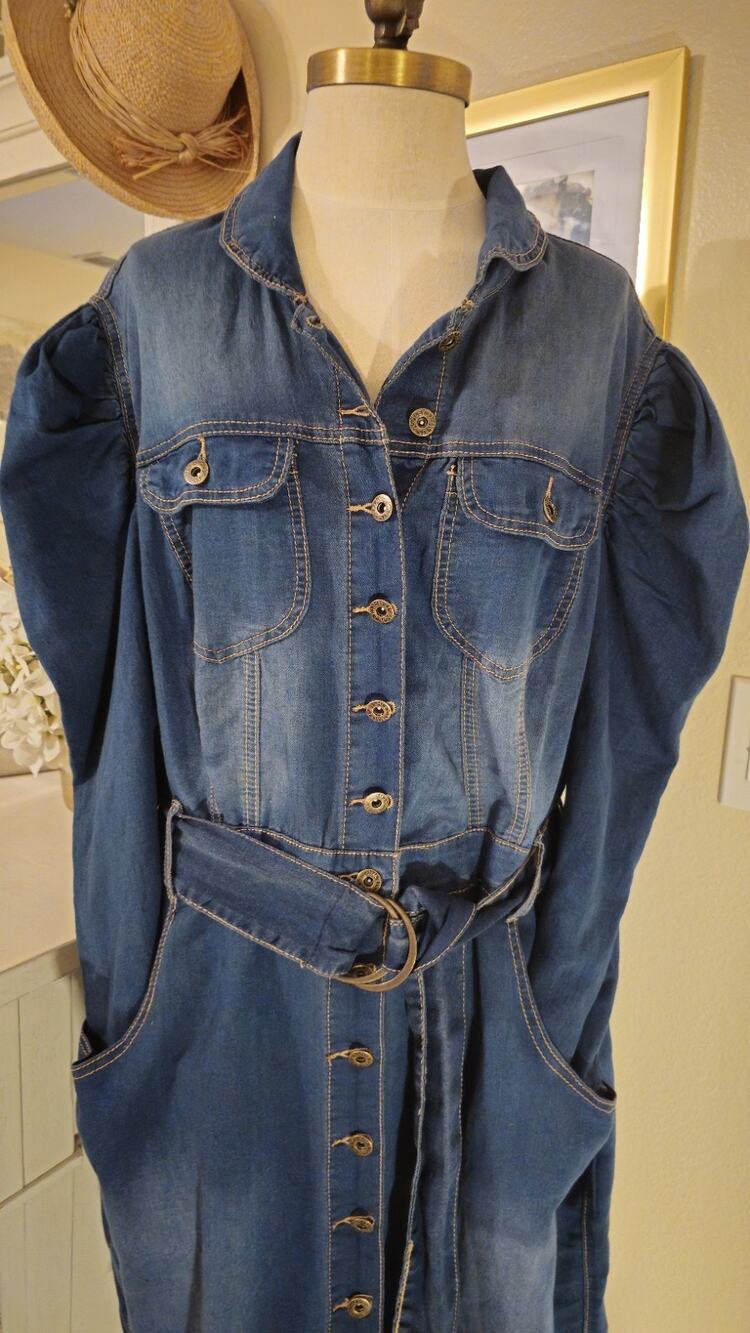 Ashley Stewart Denim Dress Plus Size 20 Belted Puff Sleeve Button Front